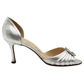 Manolo Blahnik-Manolo Blahnik Silver Heels With Crystal Embellishments-Silvery