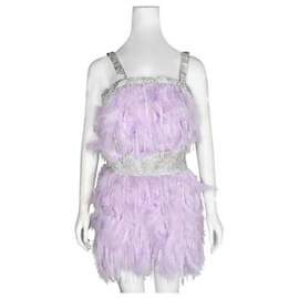 Autre Marque-Bronx & Banco Lilac Ostrich Feather Mini Dress With Sequin Mesh-Purple