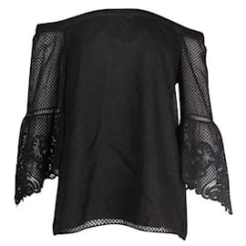Autre Marque-Kobi Halperin Black Off The Shoulder Silk Top - Embroidered Sleeves-Black