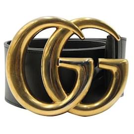 Gucci-Gucci Black Leather Belt with Large Antique Brass GG Buckle-Black