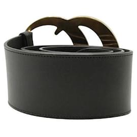 Gucci-Cintura in pelle nera Gucci con grande fibbia GG in ottone anticato-Nero