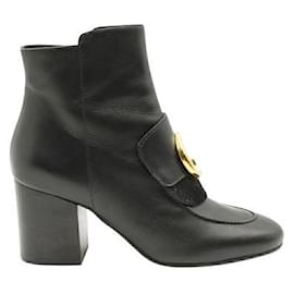 Chloé-Chloe Black Ankle Boots with Gold-Tone Front Logo-Black