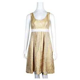 Vera Wang-Vera Wang Gold Midi Dress with Cream Belt-Golden