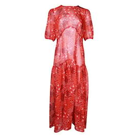 Autre Marque-Vestido rojo con estampado floral nunca completamente vestido de diseñador contemporáneo-Roja