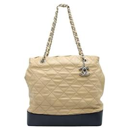 Chanel-Chanel Light Brown and Black Quilted Tote Bag in Silver Hardware-Brown