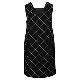 Autre Marque-Vestido xadrez preto de designer contemporâneo com detalhes em pele de cordeiro-Preto