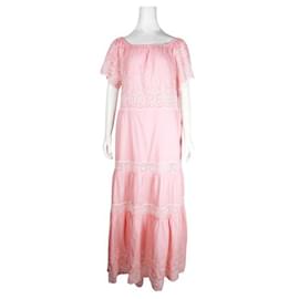 Autre Marque-Vestido largo de verano de algodón rosa con bordado floral de ojales-Rosa