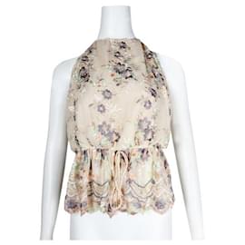 Zimmermann-Zimmermann Beige Silk Embroidered Floral Top-Beige