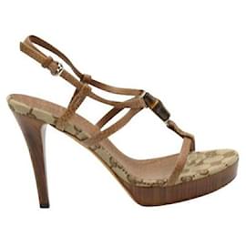 Gucci-Gucci Leather, Monogram Canvas & Bamboo High Heel Sandals-Brown