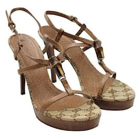 Gucci-Gucci Leather, Monogram Canvas & Bamboo High Heel Sandals-Brown