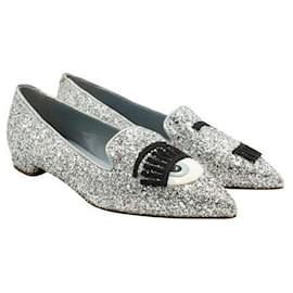 Autre Marque-Contemporary Designer Pointed Toe Glitter Silver Flats-Silvery