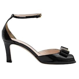 Bally-Bally Black Patent Leather Peep-Toe Heels With Bow-Black