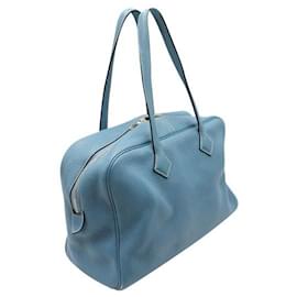 Hermès-Hermes Blue Jeans Victoria II 35 Bag in Clemence Leather-Blue