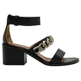 Givenchy-Givenchy Black Leather Block Heel Sandals With Bold Silver Chain-Black