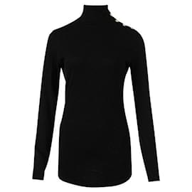 Balmain-Pull en laine fine à col roulé en tricot noir Balmain-Noir