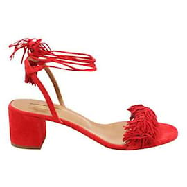 Autre Marque-Contemporary Designer Red Wild Thing 50 Fringed Mid Heel Sandals-Red
