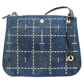 Loro Piana-Loro Piana Leather And Suede Dark Blue Checked Shoulder Bag-Navy blue