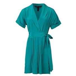 Autre Marque-Contemporary Designer Notched Pleated Wrap Dress-Turquoise