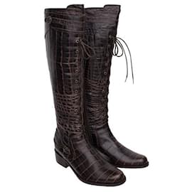 Autre Marque-CONTEMPORARY DESIGNER Croc Embossed Leather Boots-Brown