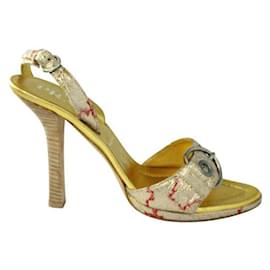 Prada-PRADA Buckle Detail Embroidered Sling Back Sandals-Golden