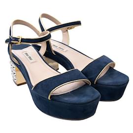 Miu Miu-MIU MIU Embellished Suede Platform Sandals-Navy blue