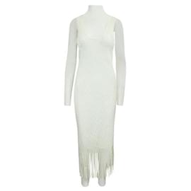 Autre Marque-Dion Lee Off-White Long Laser-Cut Dress with Fringes-Cream