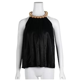 Moschino Cheap And Chic-Moschino Cheap And Chic Black Open Back Top with Faux Pearls Neckline-Black