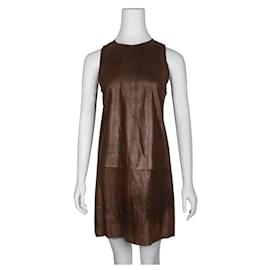 Autre Marque-Contemporary Designer Brown/ Golden Metallic Leather A-Line Dress-Brown