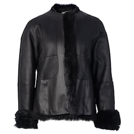 Hermès-Veste en cuir bordée de fourrure-Noir