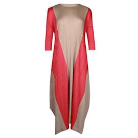 Pleats Please-Beige and Red Long Sleeved Pleated Dress-Beige