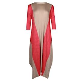 Pleats Please-Beige and Red Long Sleeved Pleated Dress-Beige