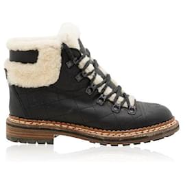 Chanel-Shearling Lace Up Boots-Navy blue