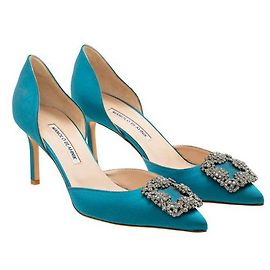 Manolo Blahnik Bombas de fivela de joia de cetim turquesa Hangisi Turquesa
