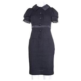 Chanel-CHANEL Navy Blue Tweed Midi Dress with Pockets-Black