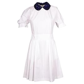 Miu Miu-MIU MIU White Dress With Blue Sequin Collar-White