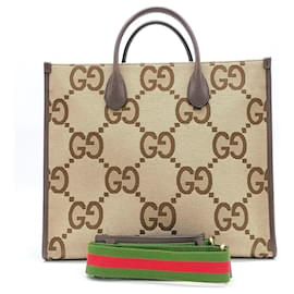 Gucci-Gucci Jumbo Gg Tote Cum Shoulder Bag (678839)-Brown,Beige
