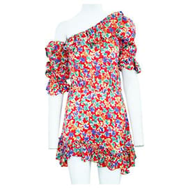 Saint Laurent-Mini vestido assimétrico de um ombro com babados e estampa multicolorida Saint Laurent-Multicor