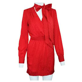 Saint Laurent-Saint Laurent Red Tie-Neck Jacquard Dress-Red