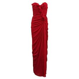 Autre Marque-Vestido rojo largo sin tirantes de diseñador contemporáneo con fruncidos-Roja
