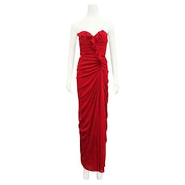 Autre Marque-Vestido rojo largo sin tirantes de diseñador contemporáneo con fruncidos-Roja