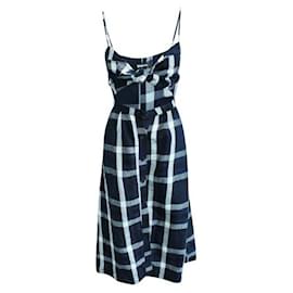 Reformation-Reformation Midi Checked Dress with Front Tie-Blue