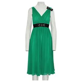 Autre Marque-CONTEMPORARY DESIGNER Green Pleated Cocktail Dress with Embellishments-Green