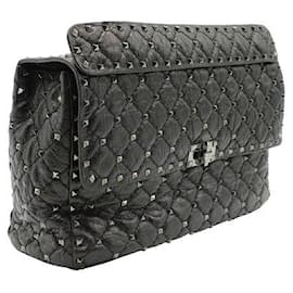 Valentino-Craquele Nappa Large Rockstud Spike Shoulder Bag in Black-Black