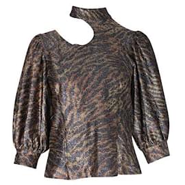 Ganni-Asymmetrische Bluse mit Metallic-Animalprint-Mehrfarben