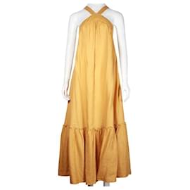 Autre Marque-THREE GRACES Mustard Linen Flattering Maxi Dress-Yellow