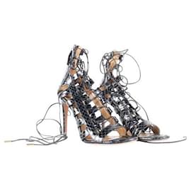 Autre Marque-CONTEMPORARY DESIGNER Embossed Leather Lace Up Heels-Black
