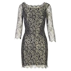 Diane Von Furstenberg-DIANE VON FURSTENBERG Black and Gold Lace Dress-Golden