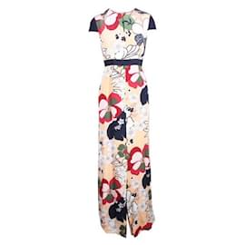 Autre Marque-ZEITGENÖSSISCHES DESIGNER-Kleid mit kurzen Ärmeln und Blumenmuster, Schlitz vorne-Mehrfarben