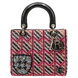 Dior-Dior Limited Edition Patent Leather Sequined Medium Lady Dior Bag-Pink