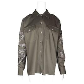 Autre Marque-Khakifarbene Jacke des zeitgenössischen Designers John Richmond mit Drachendetail in Paillettenoptik-Khaki